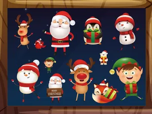 Set of cartoon Christmas window clings featuring Santa, reindeer, and snowmen