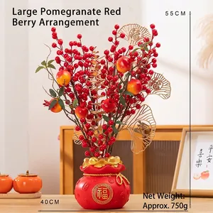 Chinesischer Neujahrs-Glückseimer mit roten Beeren und goldenen Ginkgoblättern, 55cm
