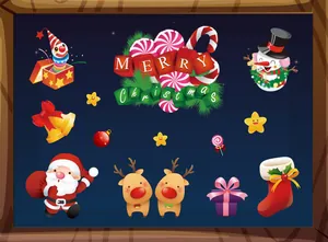 Collection of colorful Christmas window stickers featuring Santa Claus and reindeer