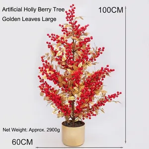 Vollansicht der 100 cm hohen künstlichen Winterbeere mit roten Beeren und Goldblättern
