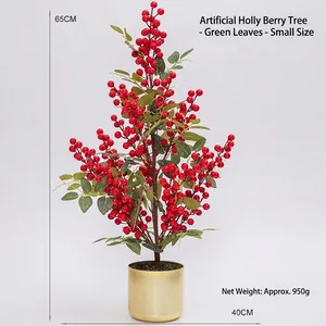Dekorativer künstlicher Ilex-Beerenbaum mit roten Beeren im Goldtopf, 65 cm hoch