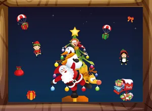 Detailed view of festive Christmas static window clings featuring Santa Claus and snowman