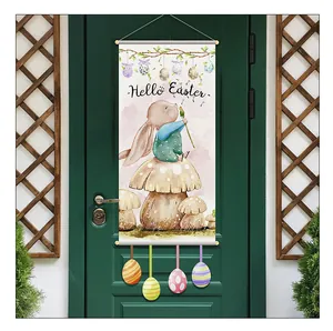 Detailed close-up of a Hello Easter hanging banner with a rabbit and mushroom design