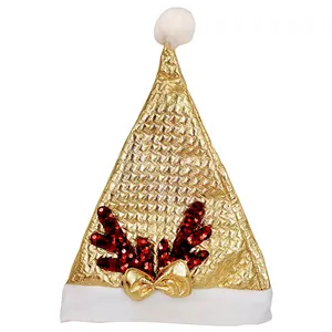 Detailed view of golden Christmas hat featuring sequined reindeer antlers and bow