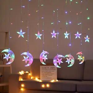 Vibrant multi-color LED star and moon curtain string lights for cozy indoor home decoration