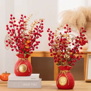 Chinesisches Mondneujahr Glückseimer Rote Beeren Künstliches Blumengesteck Frühlingsfest Persimone Heimdekoration Ornament Tafelaufsatz