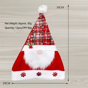 Cappello di Babbo Natale scozzese rosso con barba e ricamo a fiocco di neve, 39x29cm