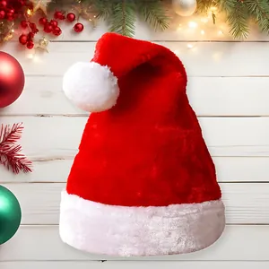 Classic plush Santa hat with thick white trim and pom-pom on festive wood background