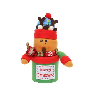 Close-up view of a festive Christmas reindeer plush gift bucket with Merry Christmas text