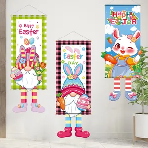 Easter Hanging Flag Decoration Cartoon Rabbit Gnome Printed Banner For Holiday Home Wall Door Hanging Decor