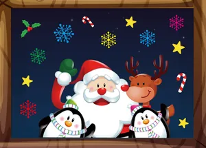 Close-up detail of festive Christmas window clings with Santa, reindeer, and penguins