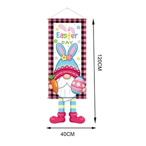Cartoon Easter gnome hanging banner with bunny ears and egg, 40x120cm wall decor