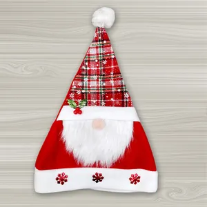 Cappello di Babbo Natale in peluche con barba da gnomo e motivo a quadri con fiocchi