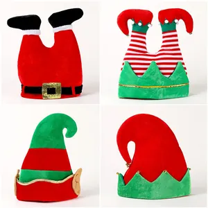 Close-up of assorted festive Christmas hats featuring elf and Santa leg designs