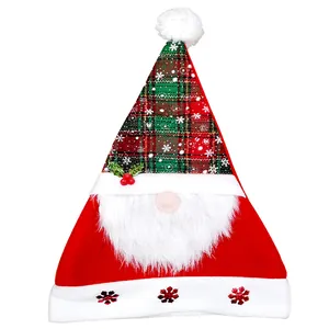 Cappello di Babbo Natale in peluche con motivo scozzese verde e barba bianca decor