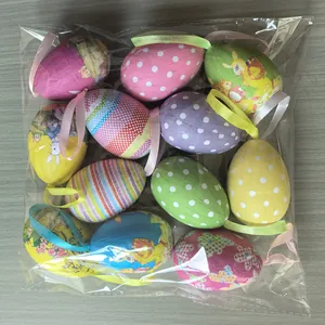Detailed view of colorful hanging foam Easter eggs in transparent plastic bag packaging