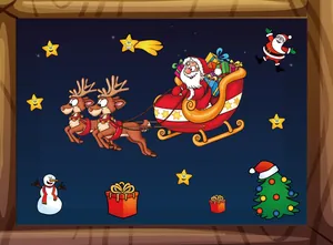 Festive Christmas window stickers set with Santa on reindeer sleigh and golden stars