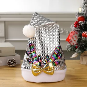 Festive silver metallic Christmas hat featuring rainbow sequin antlers and a metallic gold bow