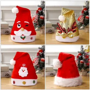 Christmas Hat With LED Light Reindeer Antler Embroidery Santa Character Festive Party Cap For Adults Kids Holiday Decor