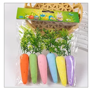 Set of 6 colorful macaron Easter artificial foam carrots in clear retail packaging.
