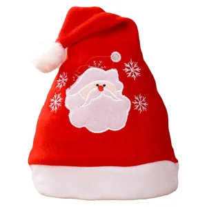 Festive red plush Christmas hat with embroidered Santa Claus and snowflakes
