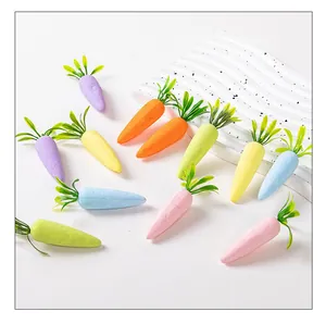 Macaron colored Easter foam carrots decoration set on white wavy stone background