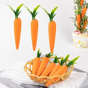 Detail view of textured orange foam Easter carrots with vibrant green tops in a basket.