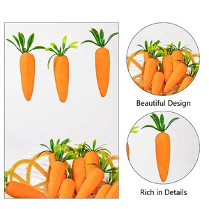 Realistic artificial orange Easter carrots with green leaves for holiday decoration.