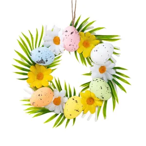 Colorful Easter wreath with speckled foam eggs, artificial daisies, and green leaves for decor
