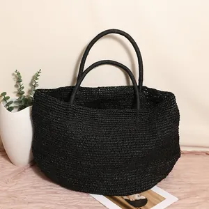 Handgefertigte große schwarze Bast-Stroh-Tasche ideal für den Sommerurlaub am Strand