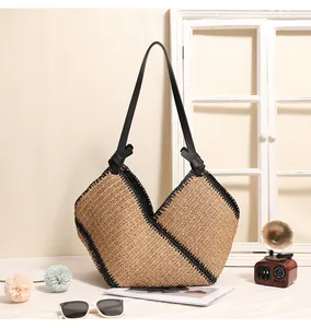 French style large capacity straw woven tote bag with black trim for beach holidays