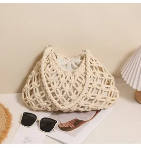 Bohemian beige handmade cotton rope woven beach bag with internal drawstring pouch detail