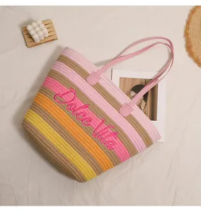 Borsa tote in corda di cotone intrecciata a righe colorate con ricamo Dolce Vita