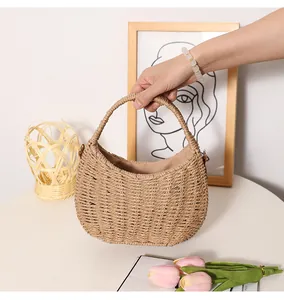 Detailed view of hand-woven straw basket bag for beach vacations and summer outfits