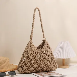 Stylish handmade hollow cotton rope woven shoulder bag for summer beach vacation leisure use