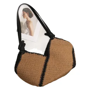 French style large capacity straw woven tote bag with black trim for beach vacation