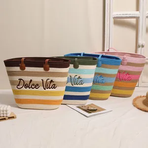 Borsa Tote da Donna Grande Capacità a Strisce Colorate Intrecciata Dolce Vita Ricamo Lettere Corda di Cotone Borsa da Spiaggia