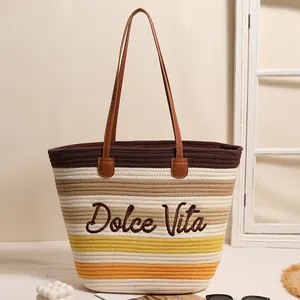 Grande borsa tote a righe in cotone con ricamo Dolce Vita per vacanze al mare