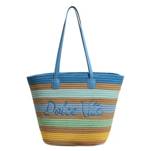 Grande borsa tote in corda di cotone intrecciata a righe con ricamo Dolce Vita mare