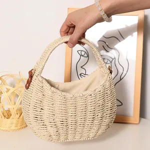 Handmade straw woven handbag for beach vacation, fresh style summer tote for women