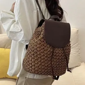 Women Korean Style Paper Straw Woven Backpack Hollow Patchwork Drawstring Beach Bag Casual Holiday Shoulder Travel Bag
