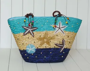 Colorful starfish straw beach tote bag with wooden handles for summer vacation