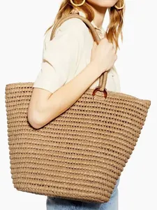 Bolso Tote de Paja Tejida de Gran Capacidad para Mujer Bolso de Playa de Verano Con Anillos de Resina de Ámbar Cremallera Casual