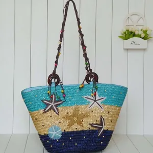 Hand Woven Straw Beach Bag Starfish Pattern Vacation Tote Bag Beaded Rope Handle Zipper Closure Shoulder Bag For Women