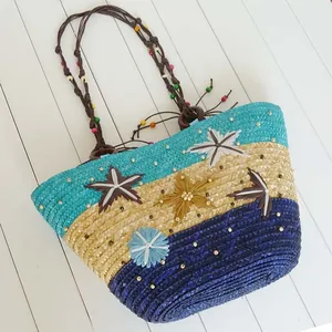 Handmade Hawaiian colorful starfish woven straw beach bag with beaded straps for summer