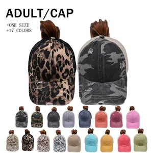 Casquette de Baseball Queue de Cheval Délavée Distressed pour Femmes Maille Respirante Chapeau de Soleil Extérieur Leopard Camo Coton Ajustable