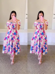 Women's French Sweet Floral Printed Off-Shoulder Midi Dress Tiered Cake Skirt Smocked Summer Boho Party Maxi Dress