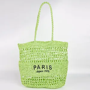 Sac Fourre-tout en Paille de Papier Tissé Ajouré pour Femmes Broderie Lettre Paris Sac à Bandoulière de Plage Grande Capacité Été