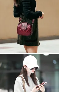 Detail view of the burgundy quilted round crossbody bag featuring rivets and a wide strap