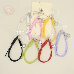 Koreaanse Stijl Handgeweven PU Lederen Telefoonkoord Met Zilveren Hart Hanger Minimalistische Anti-verlies Riem Voor Telefoon Tas Accessoires